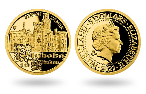 по заказу Ниуэ изготовили золотую монету, посвященную фамильному замку Шварценбергов
