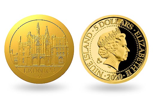 чешский замок Леднице на золотых монетах Ниуэ