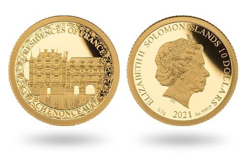 замок Шенонсо возвышается на золотых монетах Соломоновых островов