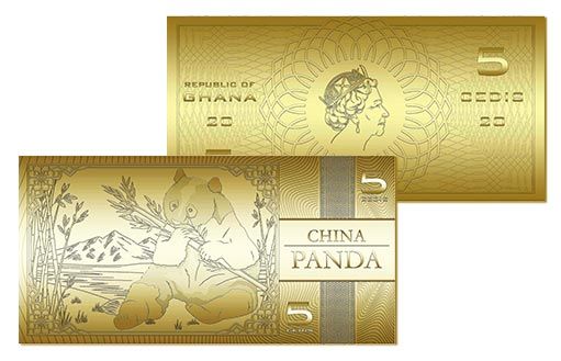 китайская панда на золотых монетах Ганы