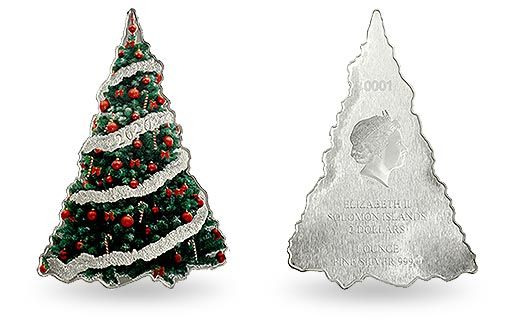 серебряные монеты Соломоновых островов повторяют форму рождественской елки