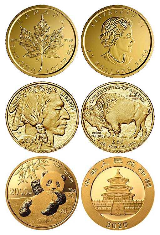 золотые монеты «Кенгуру», «Кленовый лист», «Буффало» и «Панда»
