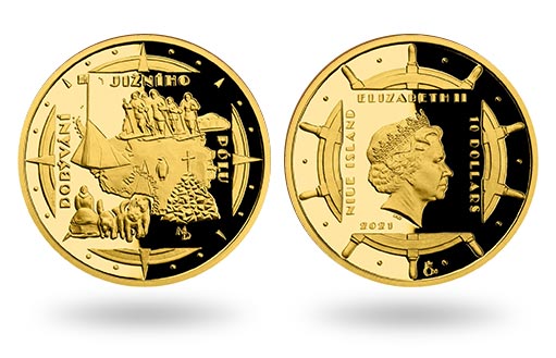 по заказу Ниуэ выпустили золотые памятные монеты в честь покорения Южного полюса