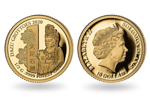 скульптура из комплекса гротов Дацзу на золотых монетах островов Соломона