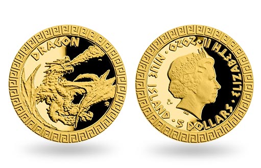 огнедышащий дракон на золотой монете Ниуэ