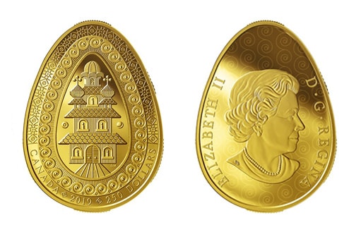 Золотая коллекционная монета необычной формы из нумизматической серии «Писанка», напоминающая украинское пасхальное яйцо