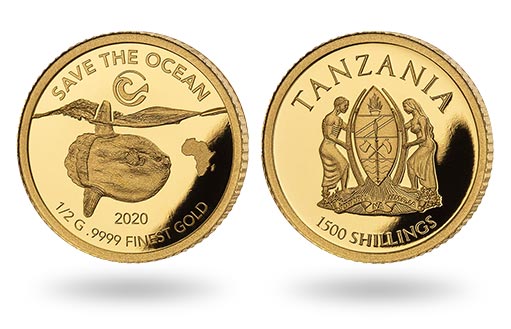 золотая монета Танзании с экзотическим морским существом
