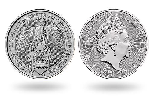 геральдическая птица Плантагенетов на британских монетах из платины
