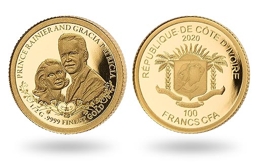 золотые монеты Кот-д'Ивуар с изображением примадонны кинематографа середины прошлого века и князя Монако Ренье III
