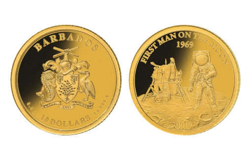 золотые монеты Барбадоса к юбилею Аполлона-11