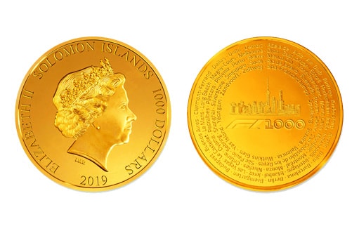 Килограммовая золотая монета Соломоновых Островов «Формула 1». 