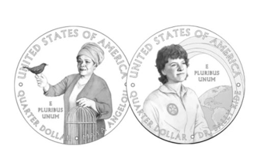 монеты в двадцать пять пенсов с писательницей Майей Энджелоу и астронавтом Салли Райд