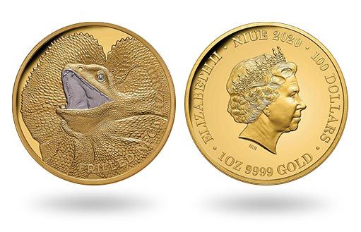 плащеносная ящерица на золотых монетах Ниуэ
