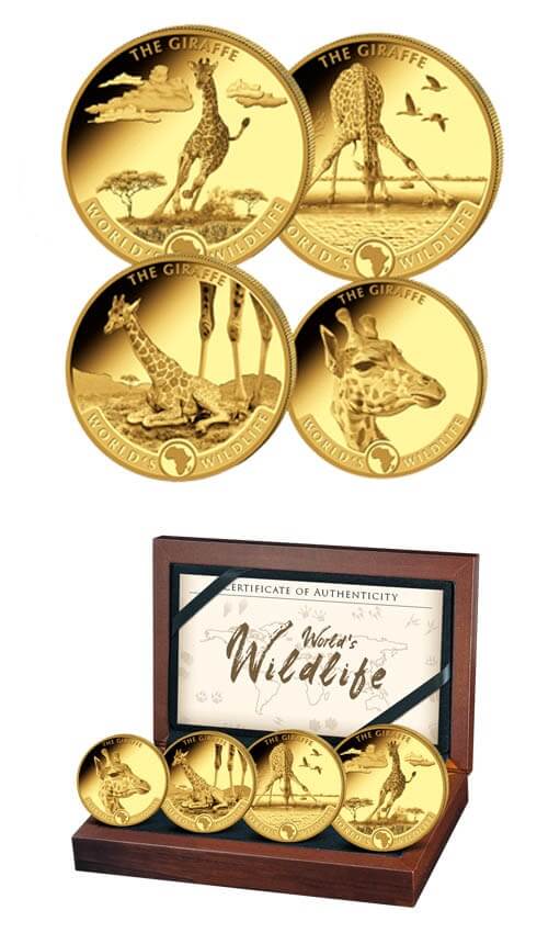 4 золотые монеты с изображением жирафа