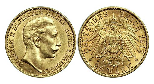 золотая монета Германской империи номиналом 20 марок