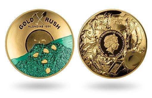 Золотая лихорадка в Клондайке на золотых монетах Соломоновых островов