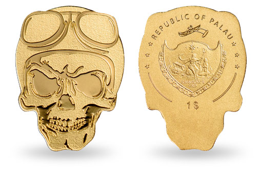 Золотая монета Палау в виде черепа байкера