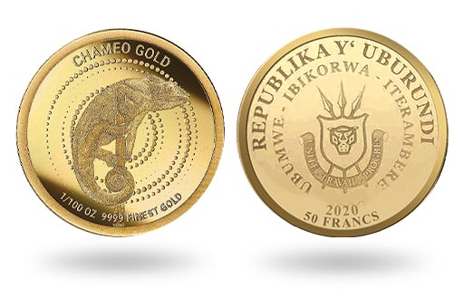 золотой хамелеон меняет цвета на золотых монетах Бурунди
