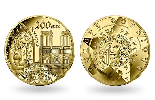Собор Парижской Богоматери на золотых монетах Франции «Готика»