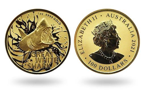 момент нападения белой акулы запечатлен на монетах Австралии