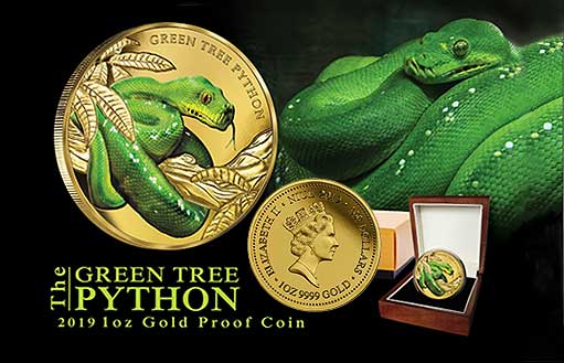 Золотая коллекционная монета с древесным питонои из серии «Замечательные рептилии Австралии»