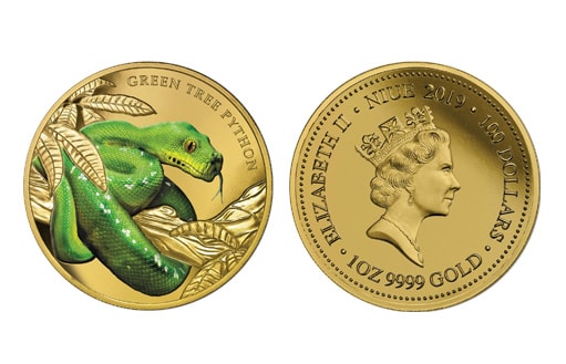 Золотая коллекционная монета с древесным питонои из серии «Замечательные рептилии Австралии»