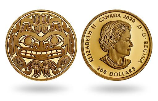 золотой медведь Гризли в стиле хайда на монетах Канады
