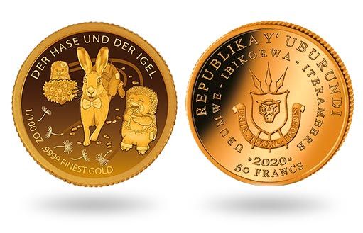 персонажи сказки Заяц и Еж расположились на золотых монетах Бурунди