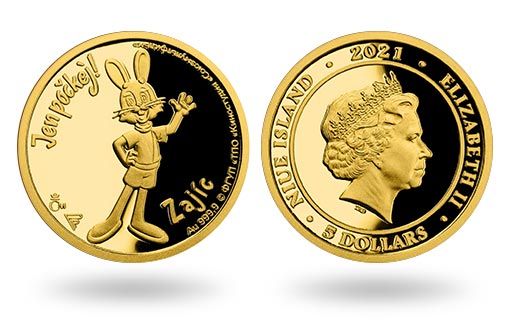 заяц из мультфильма на золотых монетах Ниуэ