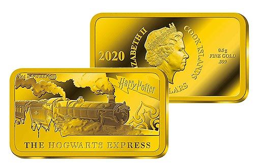 прямоугольные монеты Островов Кука из золота с изображением Хогвартс-экспресса