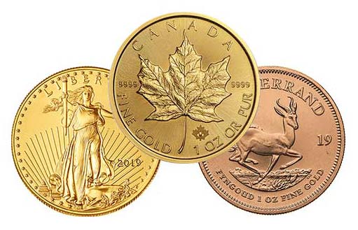 золотые монеты Американский орел, Кленовый лист и Крюгерранд