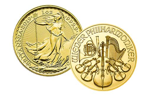 золотые монеты Британия и Венская филармония