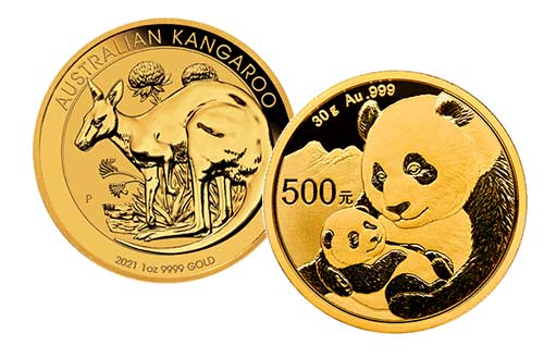 золотые монеты Австралийский Кенгуру и Китайская Панда