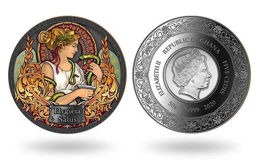 серебряные монеты Ганы с цветным изображением богини Гигиеи