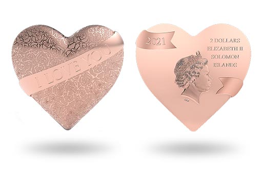Серебряная монета с розовой позолотой в форме влюбленного сердца выпущена на Соломоновых островах