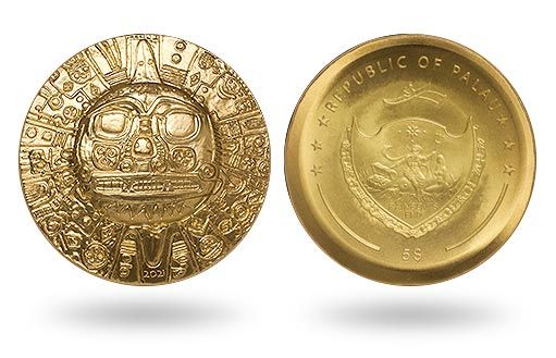 позолоченные монеты Палау с изображением Инкского Солнечного Бога