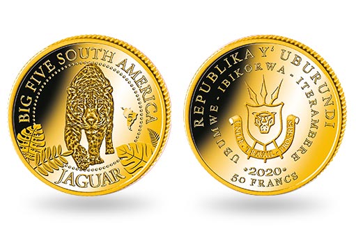 могучий ягуар на золотой монете Бурунди