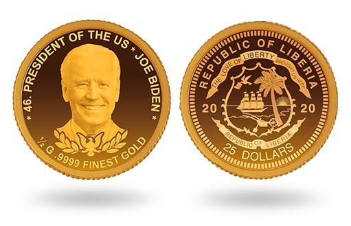 золотая монета с президентом Байденом США