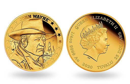 американский актер Джон Уэйн на золотой монете Тувалу