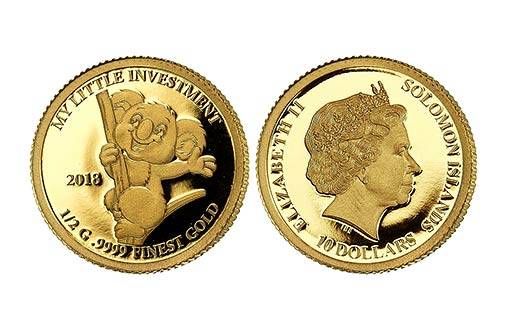 Мультяшная Коала на золотых монетах Соломоновых Островов