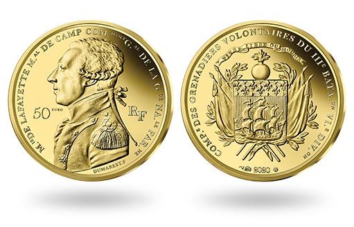 портрет Маркиза де Ла Файета на французских монетах из золота
