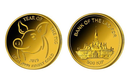 Золотая монета, посвященная знаку Свиньи по восточному календарю, под которым пройдет текущий год
