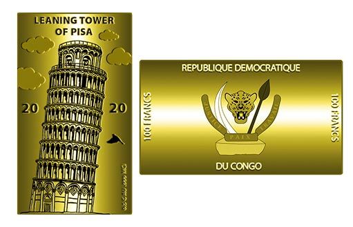 знаменитая башня города Пиза на золотой монете Конго