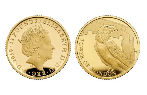 Золотые монеты по британской легенде о воронах Тауэра