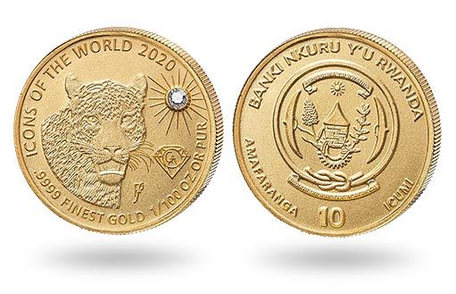 леопард изображен на золотых монетах Руанды с бриллиантом
