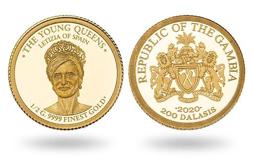 портрет королевы Летисии на золотых монетах Гамбии