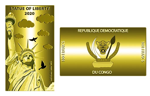 Статуя Свободы на прямоугольных монетах из золота Конго