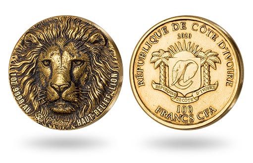 лев изображен на рельефных золотых монетах Кот-д’Ивуара