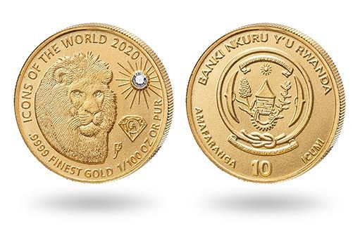 золотая монета Руанды со львом украшена бриллиантом