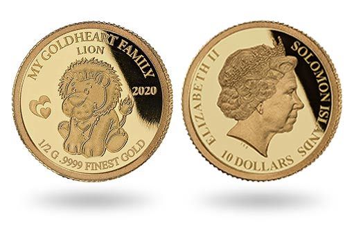 игрушечный львенок на золотых монетах Соломоновых островов